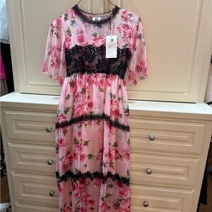 Floral Pink and Black Lace Kids Dress